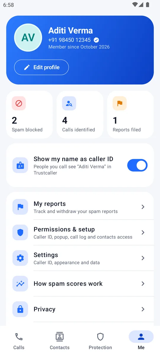 Profile with stats and caller ID visibility
