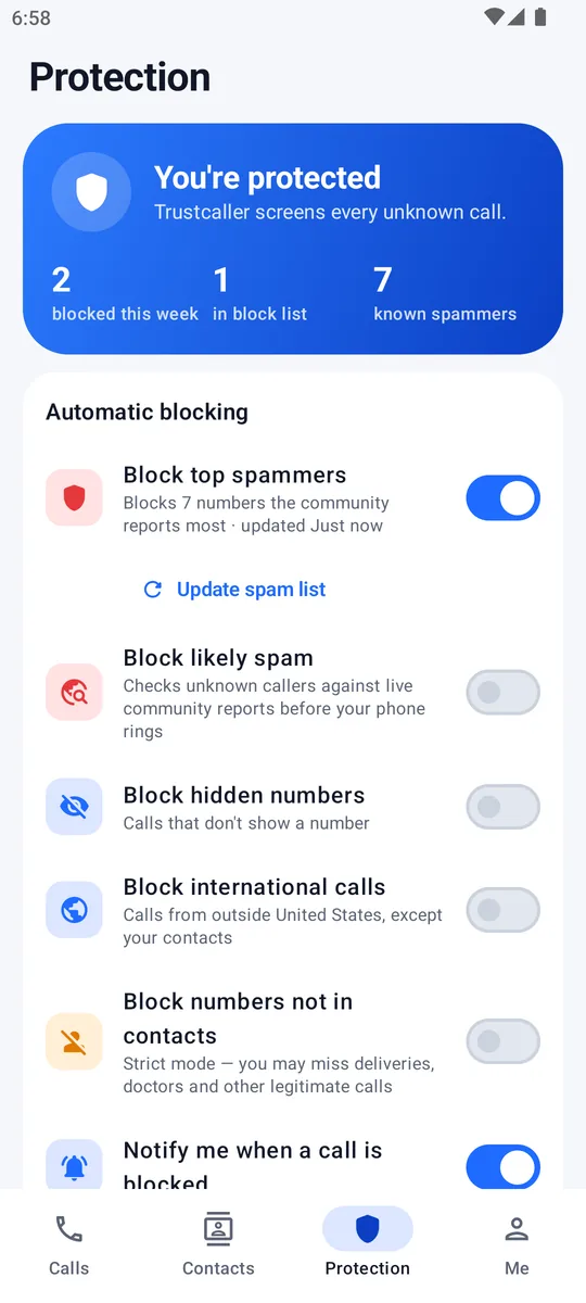 Protection hub showing blocking settings and statistics